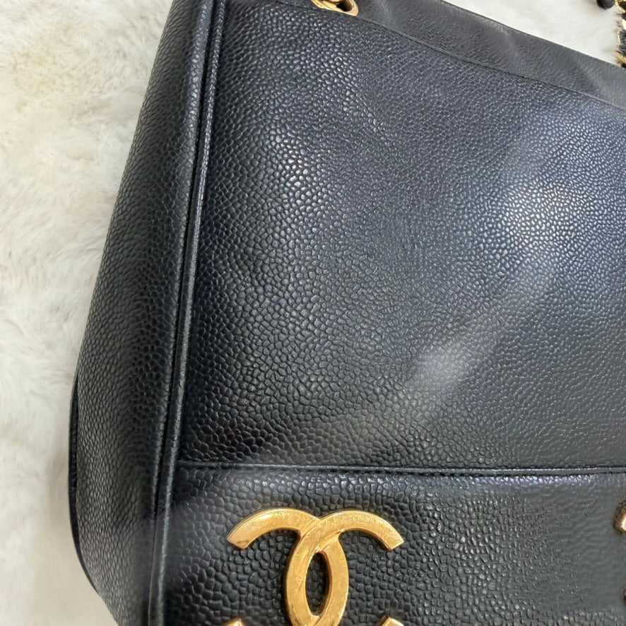 CHANEL Black Caviar Leather Triple CC Shoulder Bag