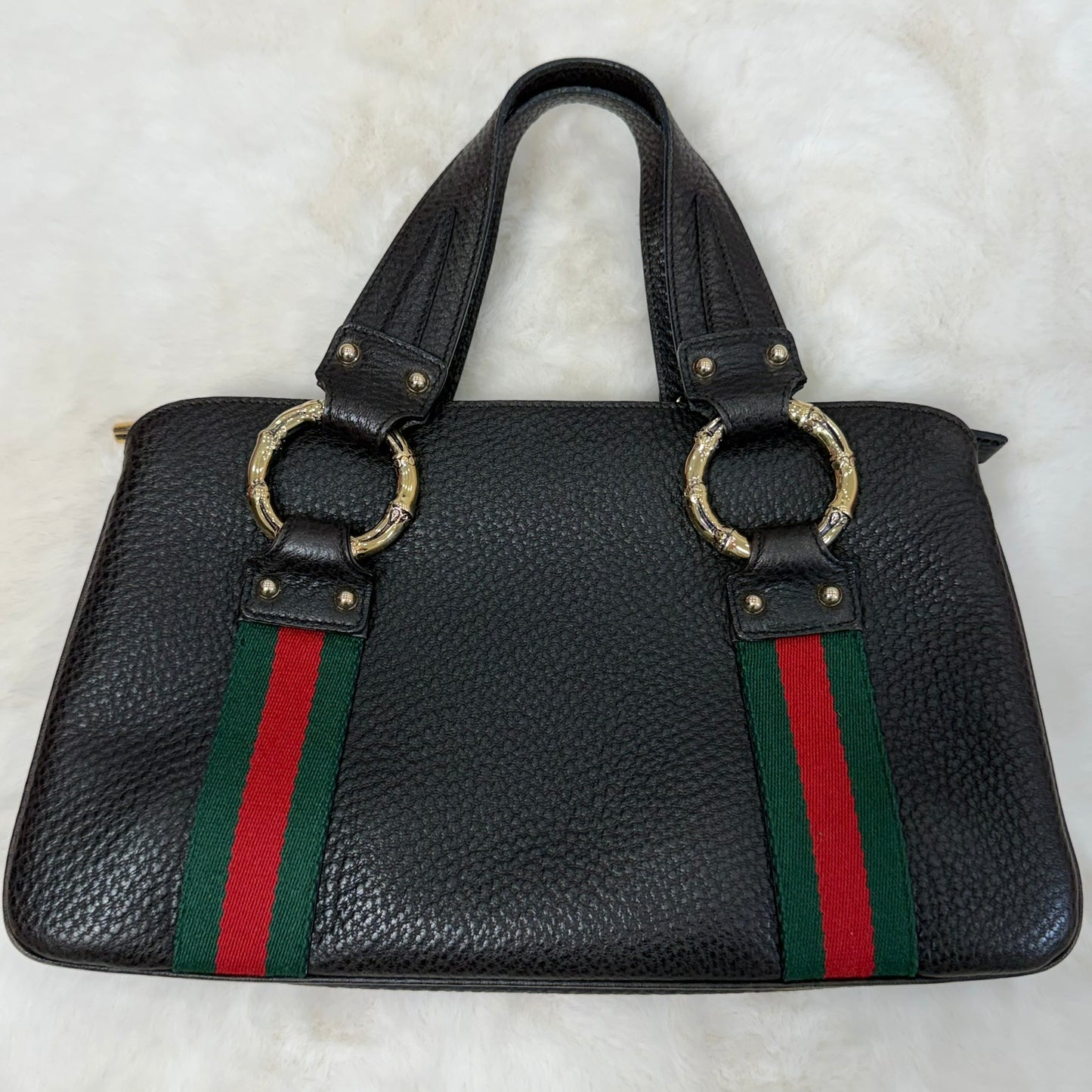 Gucci Black Pebbled Leather Vintage Sherry Line and Bamboo Ring Hand Bag