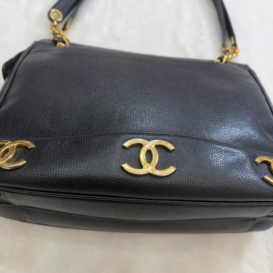 CHANEL Black Caviar Leather Triple CC Shoulder Bag