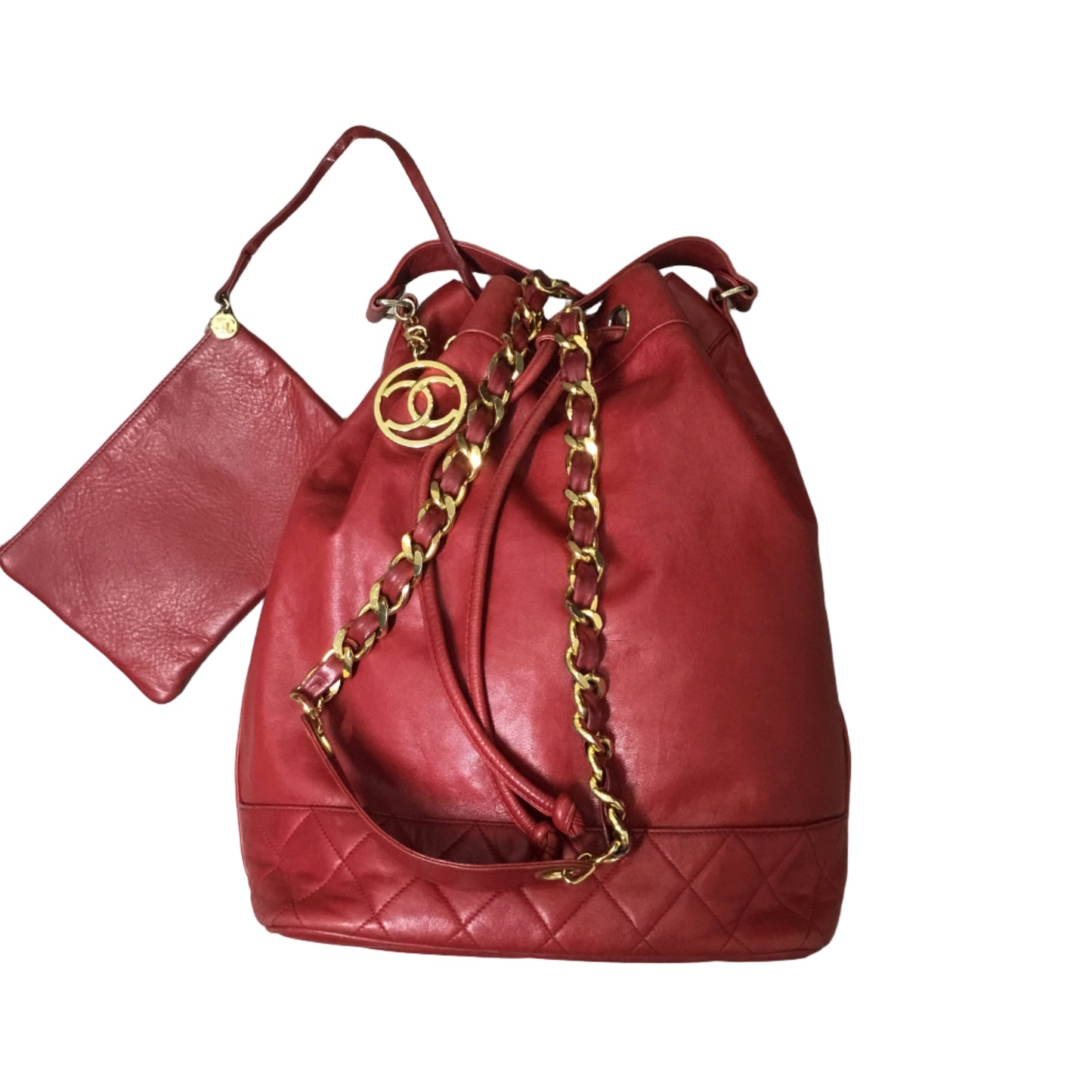 CHANEL Red Lambskin Bucket Tote Crossbody