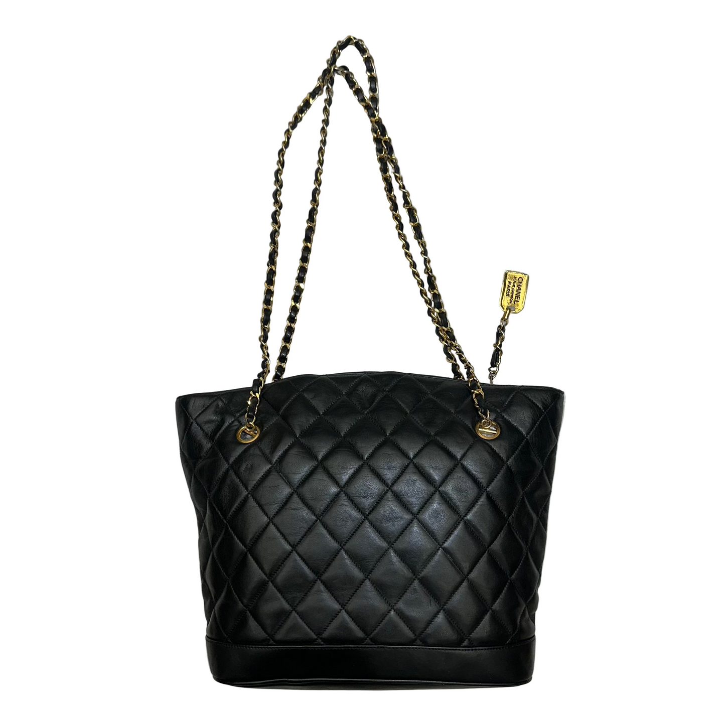 CHANEL Black lambskin Quilted Medium Matelassé Chain Tote/Shoulder Bag