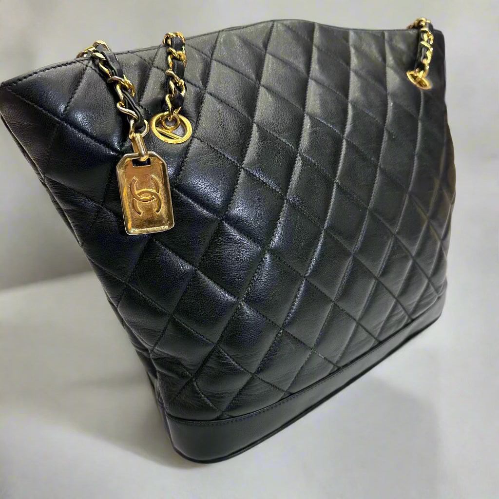 CHANEL Black lambskin Quilted Medium Matelassé Chain Tote/Shoulder Bag