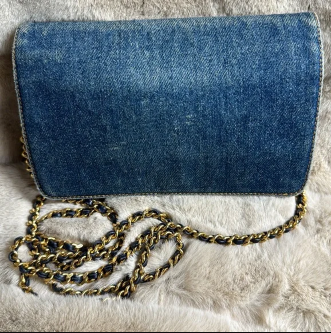 CHANEL blue denim crossbody bag / wallet on chain WOC