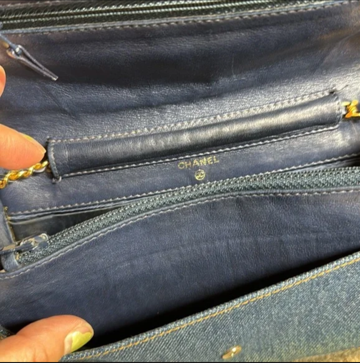 CHANEL blue denim crossbody bag / wallet on chain WOC