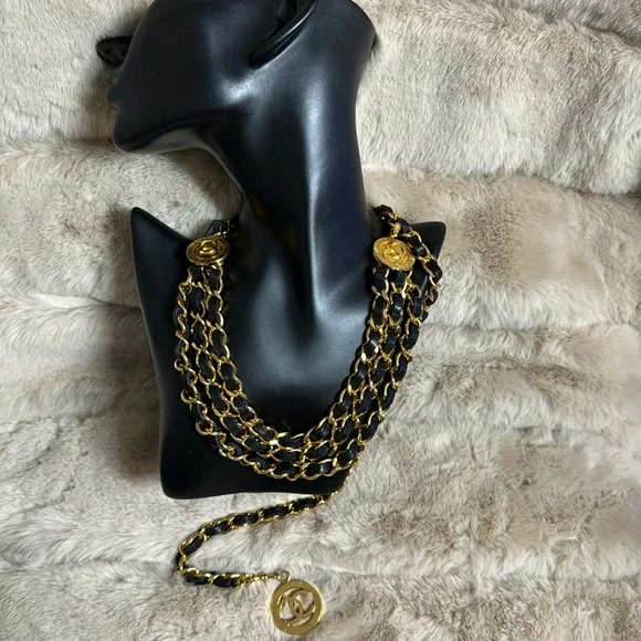 CHANEL black leather and gold-toned metal & medallions BELT/necklace.