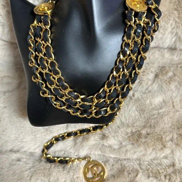 CHANEL black leather and gold-toned metal & medallions BELT/necklace.