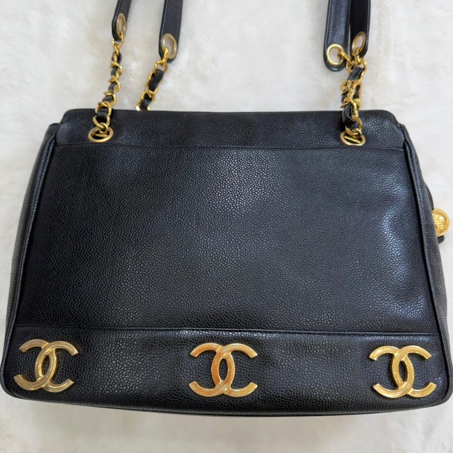 CHANEL Black Caviar Leather Triple CC Shoulder Bag