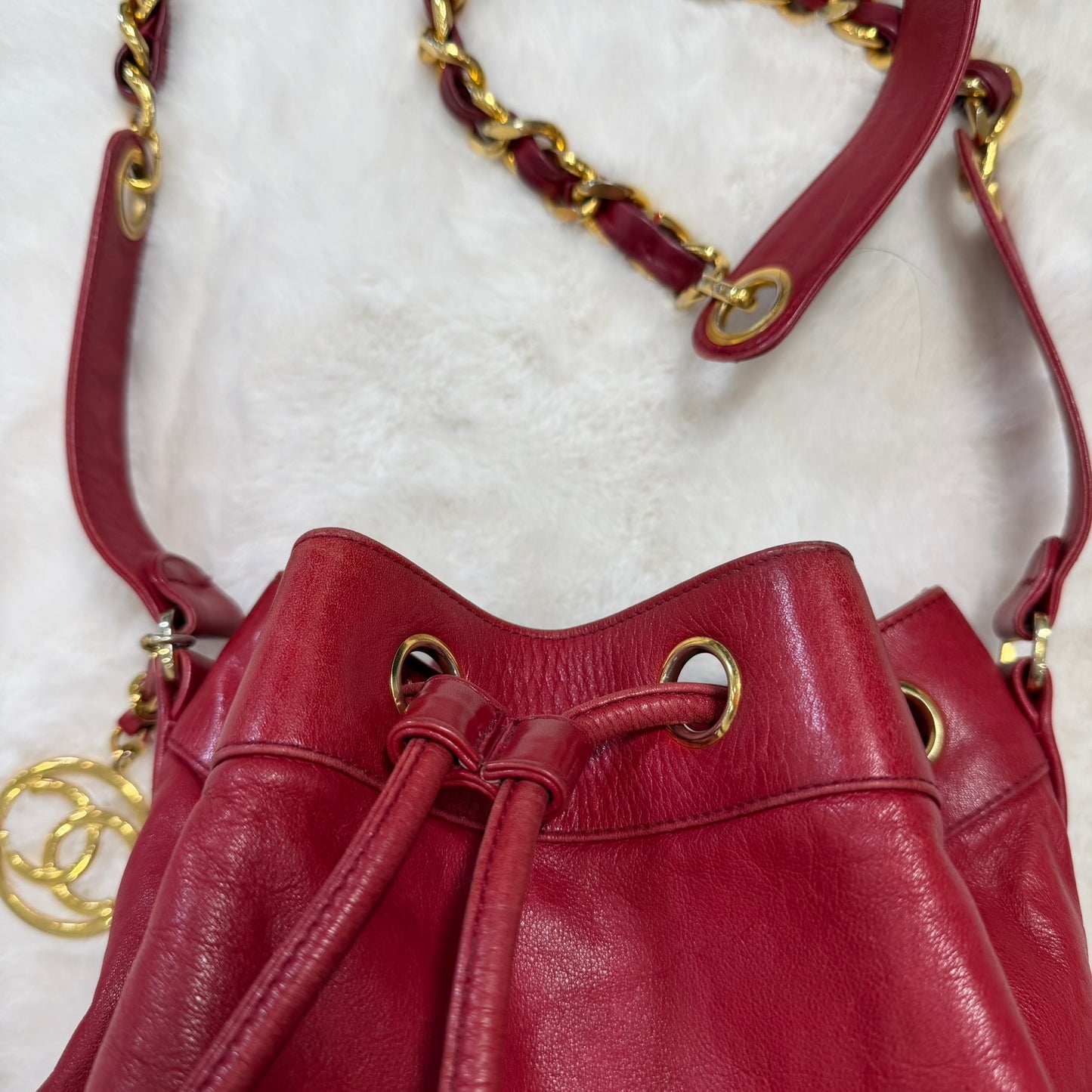 CHANEL Red Lambskin Bucket Tote Crossbody