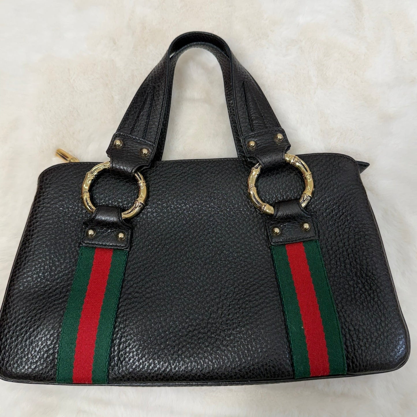 Gucci Black Pebbled Leather Vintage Sherry Line and Bamboo Ring Hand Bag