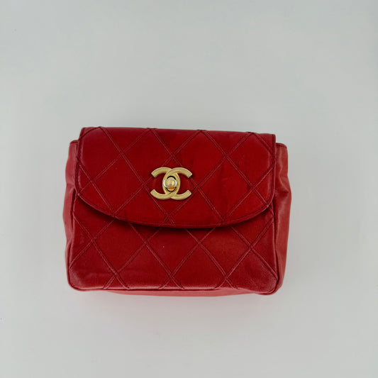 Chanel Red Lambskin Matelasse Waist Pouch Bag