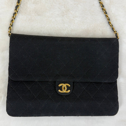 CHANEL black cotton quilted single flap shoulder bag