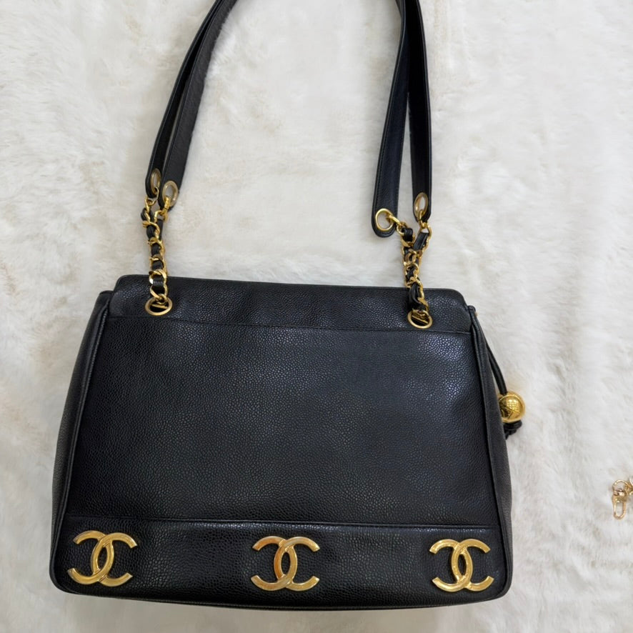CHANEL Black Caviar Leather Triple CC Shoulder Bag