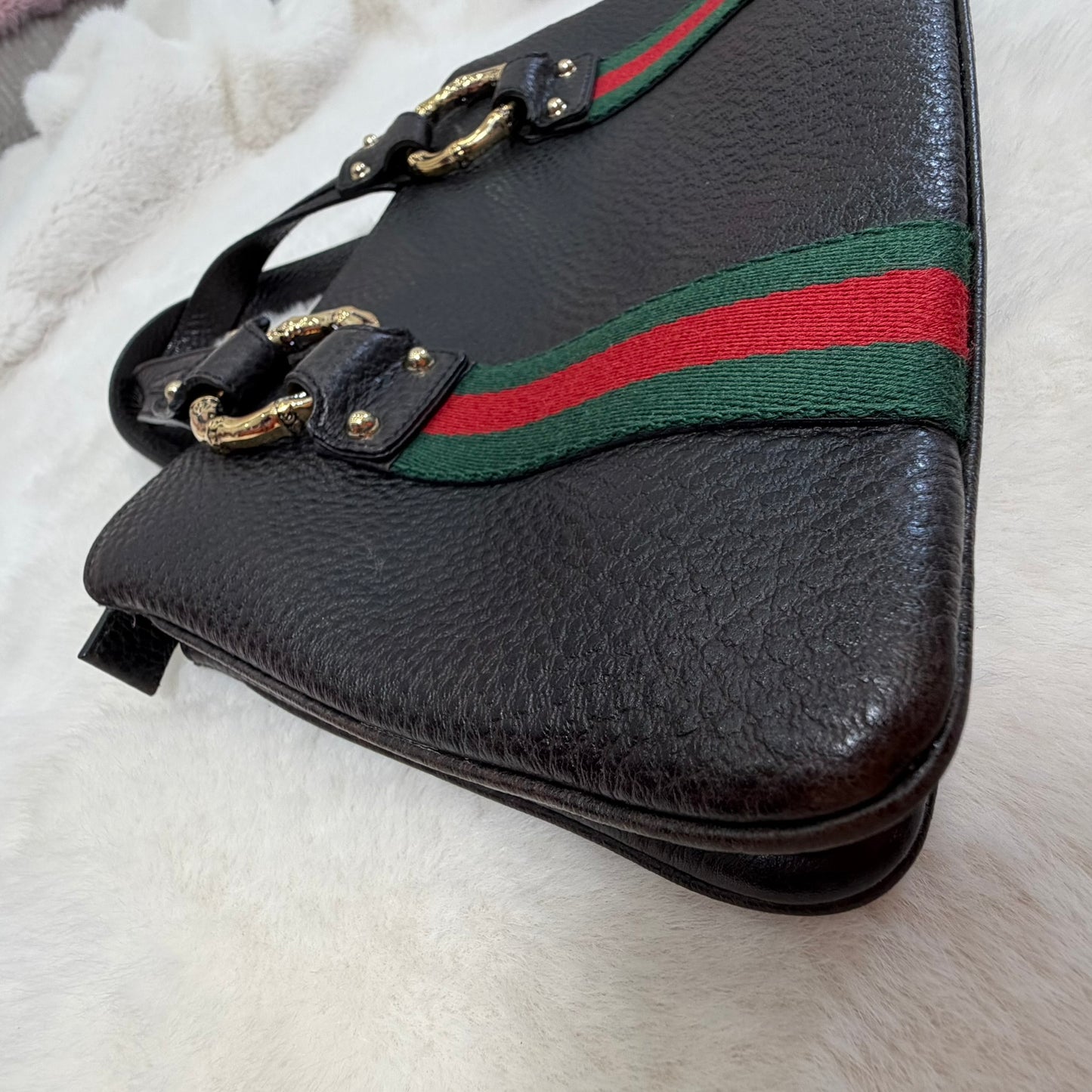 Gucci Black Pebbled Leather Vintage Sherry Line and Bamboo Ring Hand Bag