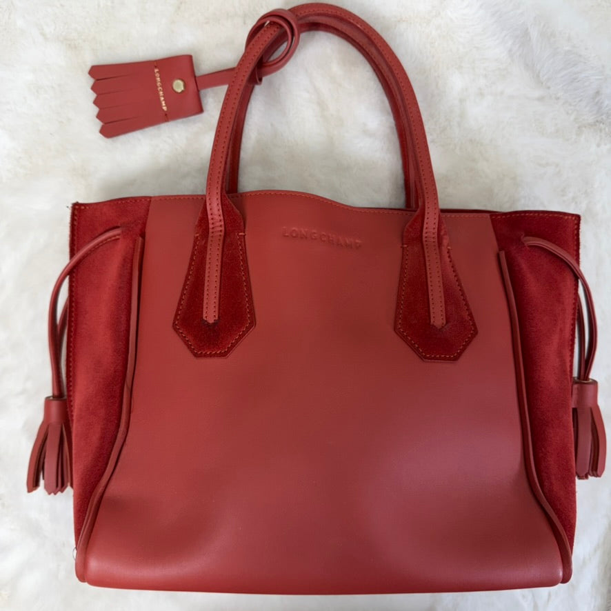 Longchamp Red Medium Tote with Tassel Accents