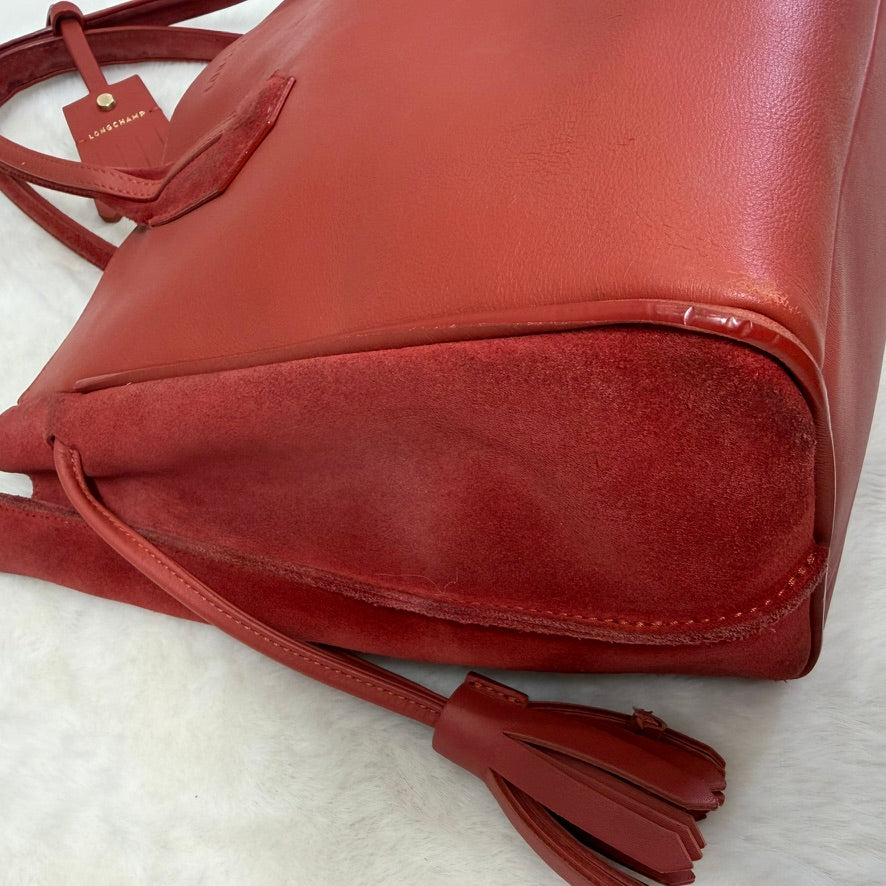 Longchamp Red Large Tote with Tassel Accents
