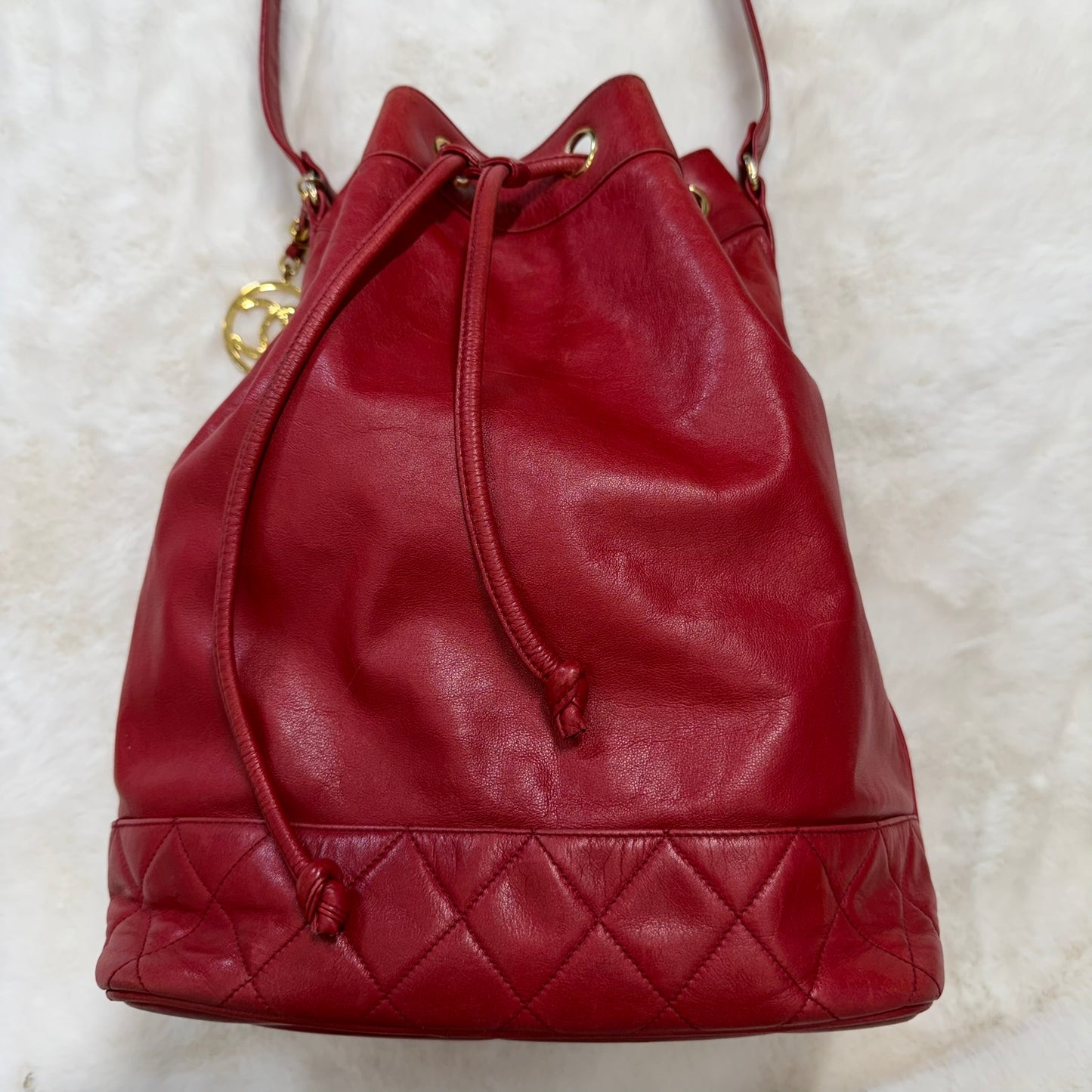 CHANEL Red Lambskin Bucket Tote Crossbody