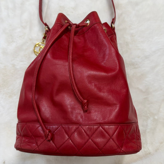 CHANEL Red Lambskin Bucket Tote Crossbody