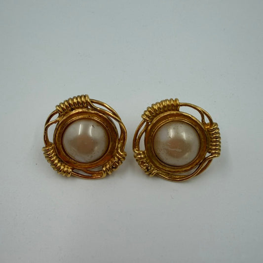 Chanel Gold/White Pearl Clip On Earrings