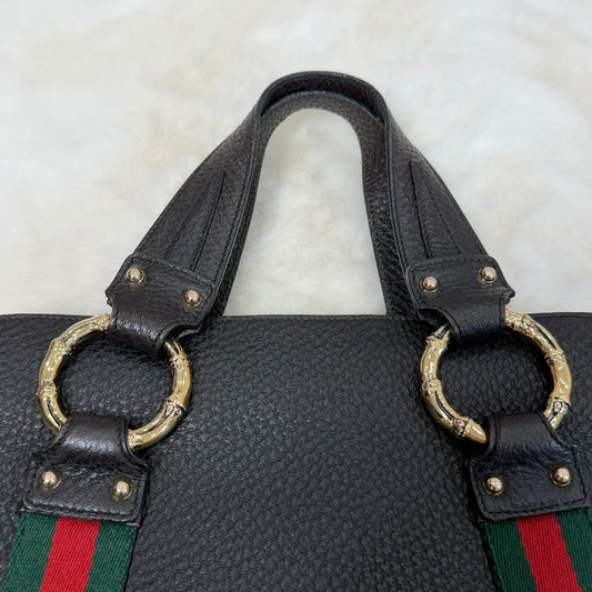 Gucci Black Pebbled Leather Vintage Sherry Line and Bamboo Ring Hand Bag