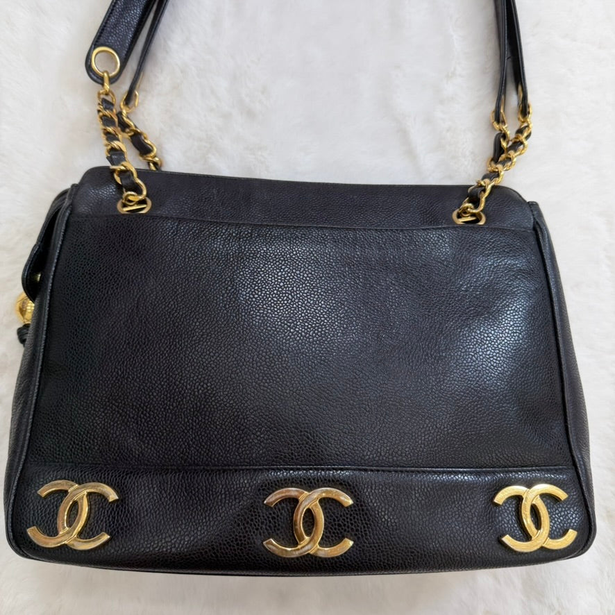 CHANEL Black Caviar Leather Triple CC Shoulder Bag