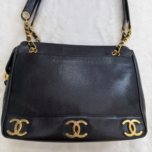 CHANEL Black Caviar Leather Triple CC Shoulder Bag