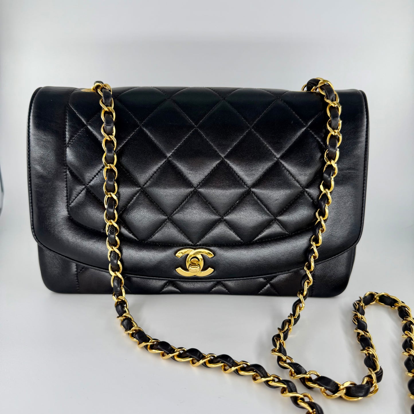 Chanel Black Lambskin Matelasse Diana Crossbody