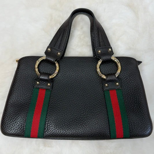 Gucci Black Pebbled Leather Vintage Sherry Line and Bamboo Ring Hand Bag