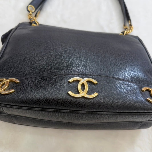 CHANEL Black Caviar Leather Triple CC Shoulder Bag