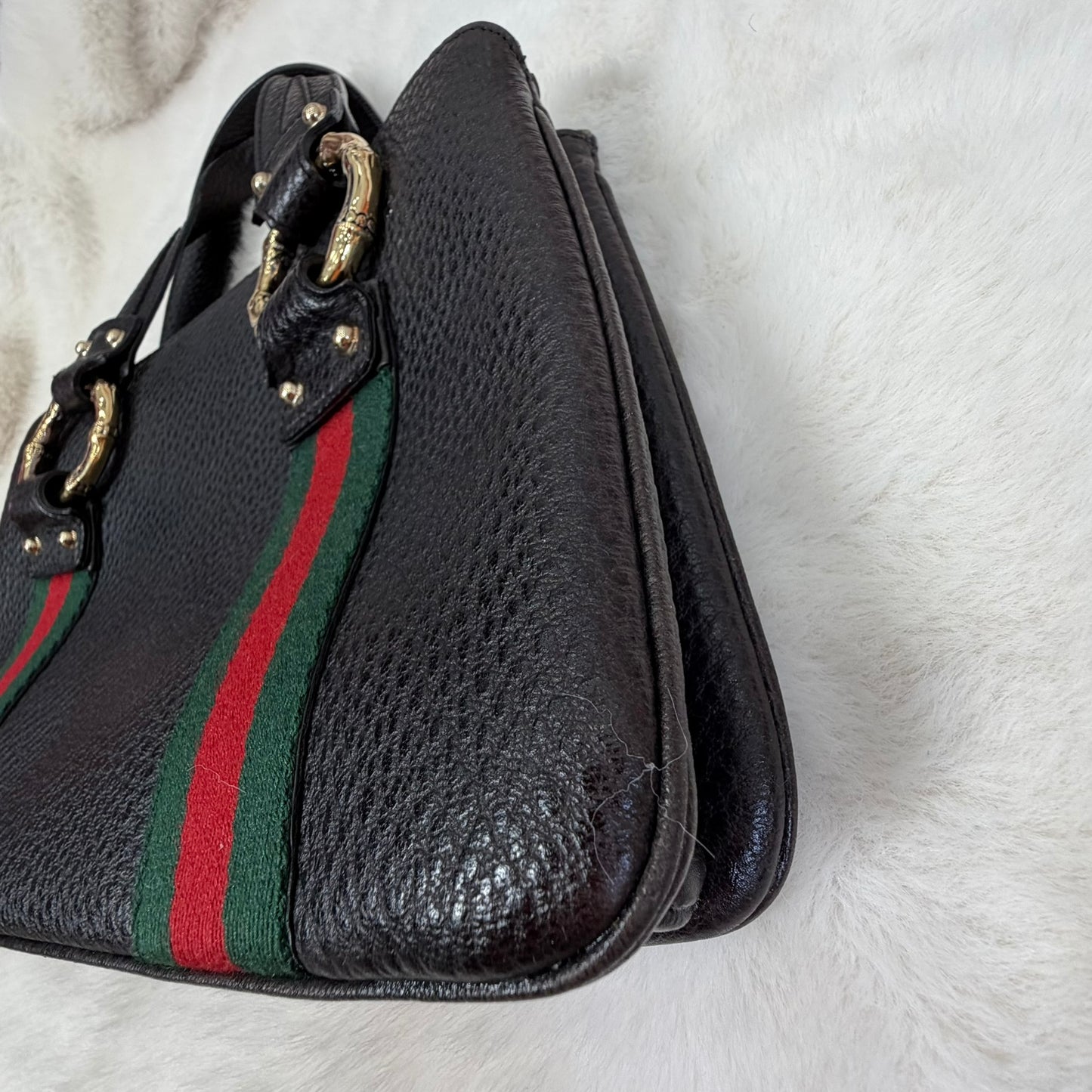 Gucci Black Pebbled Leather Vintage Sherry Line and Bamboo Ring Hand Bag