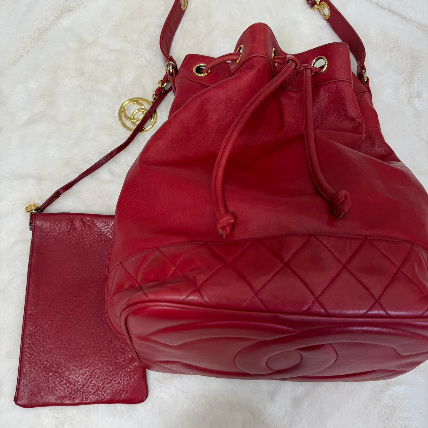 CHANEL Red Lambskin Bucket Tote Crossbody