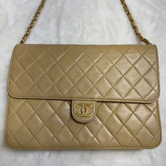CHANEL Tan Quilted Single Flap Shoulder Bag
