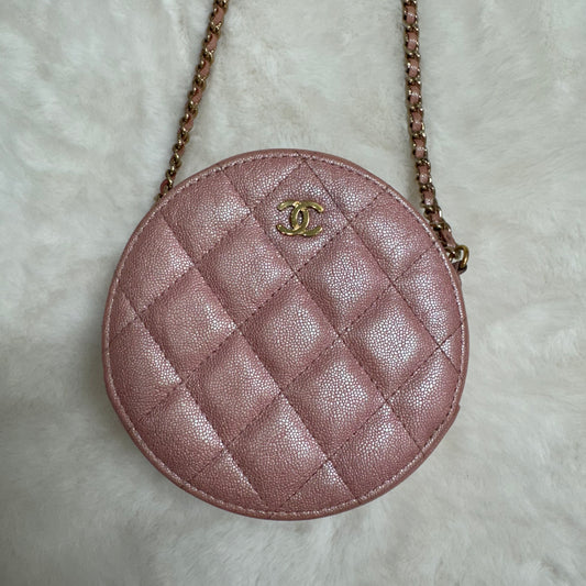 CHANEL quilted pink caviar leather Crossbody round shape bag