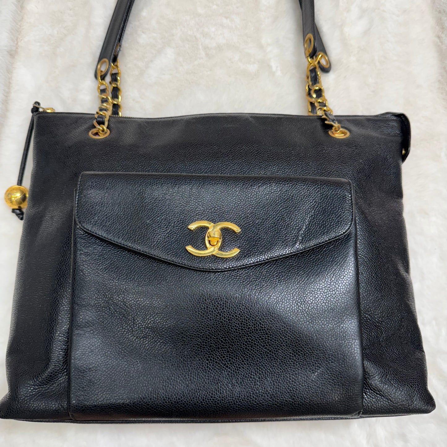 CHANEL Black Caviar leather Large tote/Shoulder bag with Front Pocket