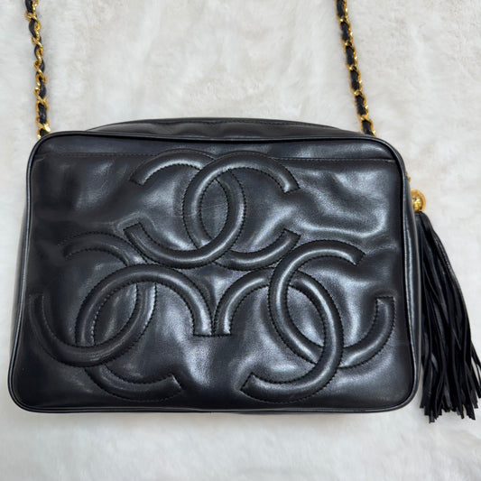 CHANEL Black lambskin Triple CC Shoulder / Crossbody Bag with Tassel