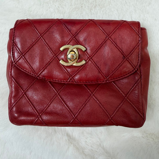 CHANEL Red Quilted Matelasse CC Logo Lambskin Waist Bag