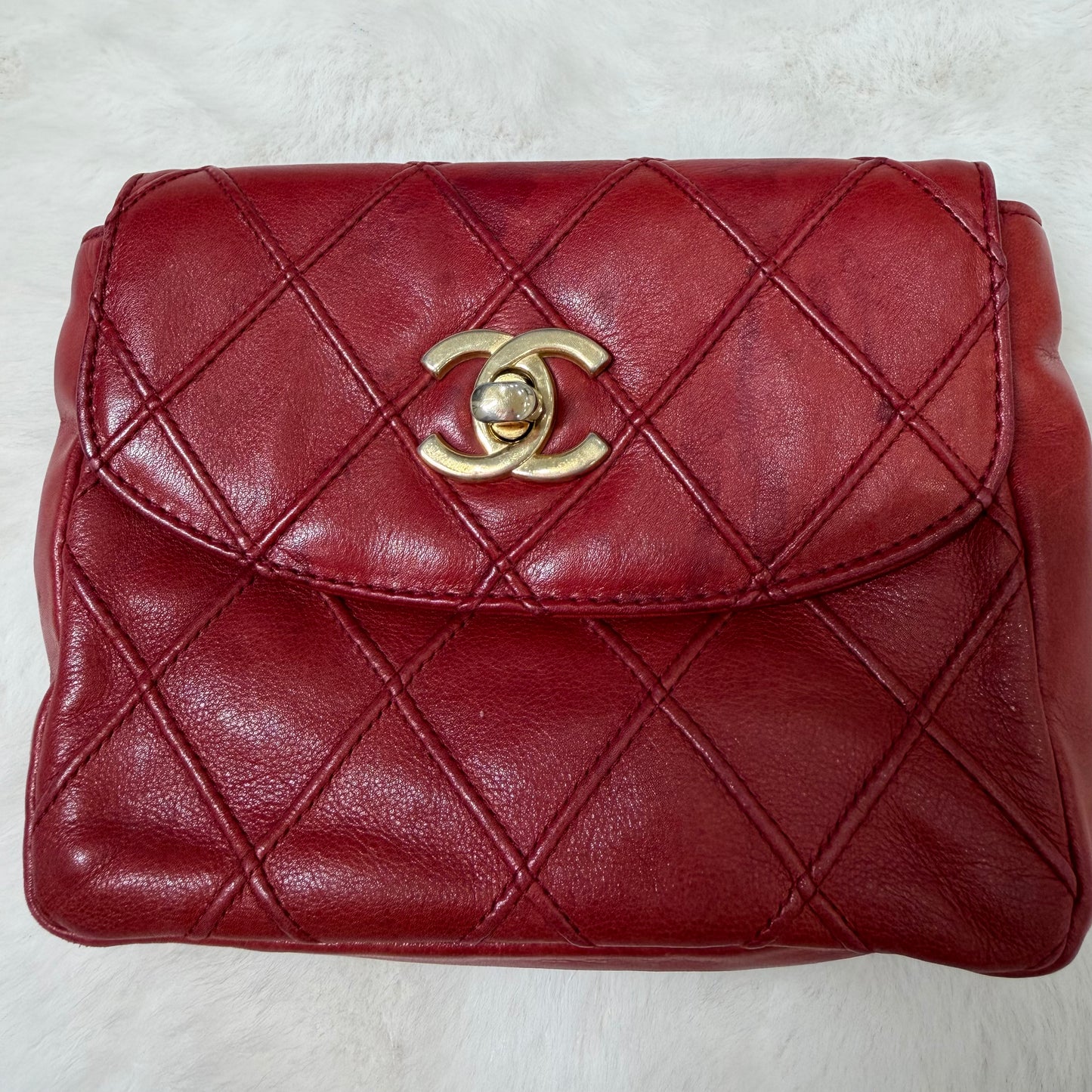 CHANEL Red Quilted Matelasse CC Logo Lambskin Waist Bag