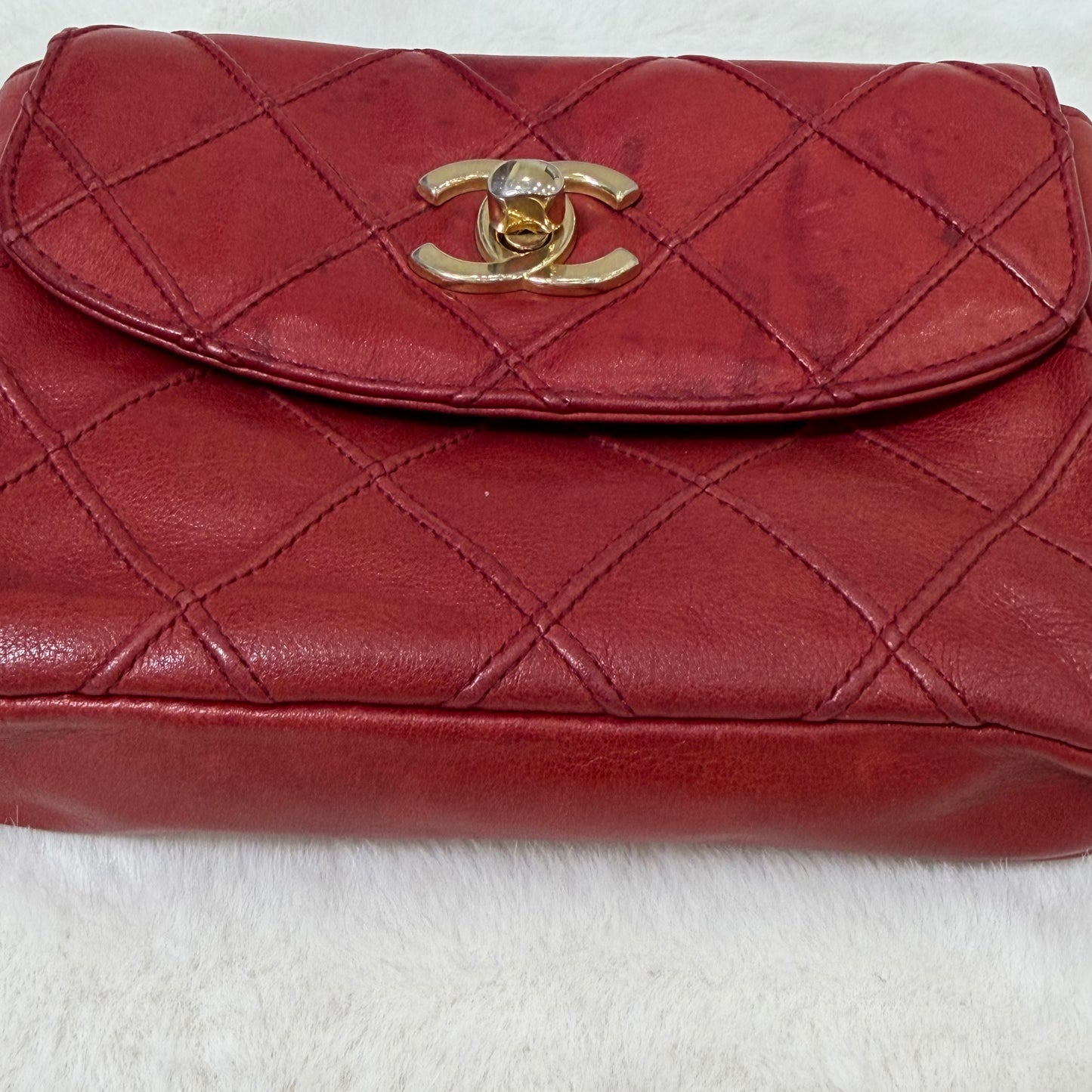 CHANEL Red Quilted Matelasse CC Logo Lambskin Waist Bag