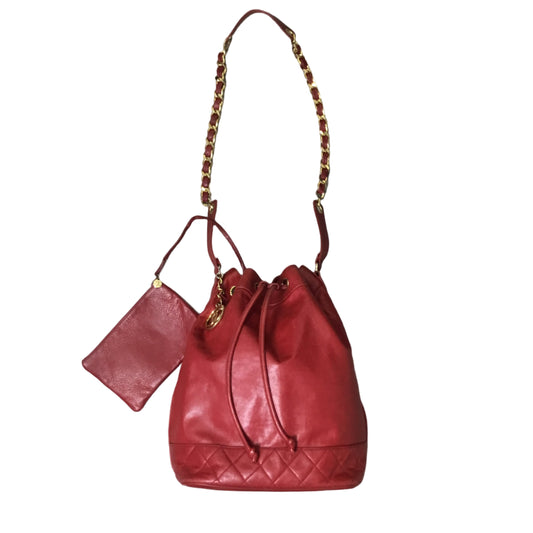CHANEL Red Lambskin Bucket Tote Crossbody