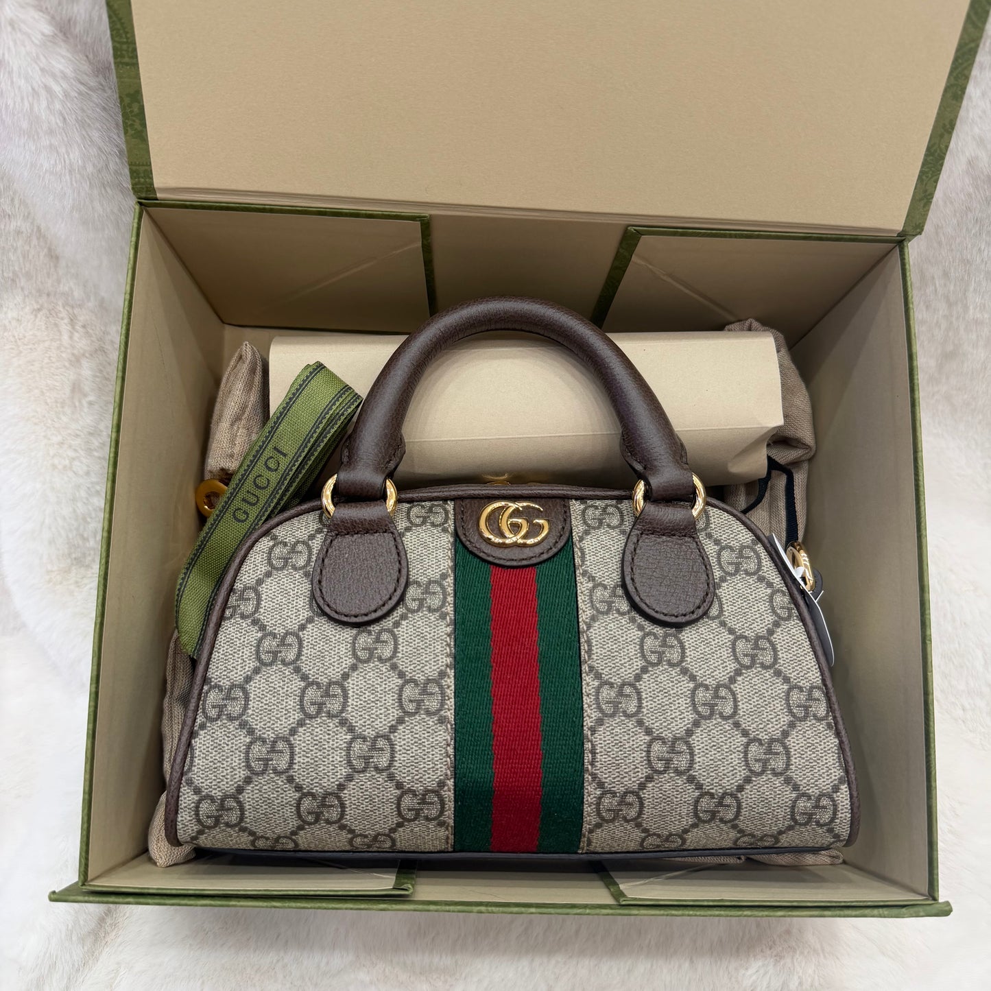 Gucci Beige/Dark Brown GG Monogram Mini Ophidia Top Handle/Bowler Bag (New)