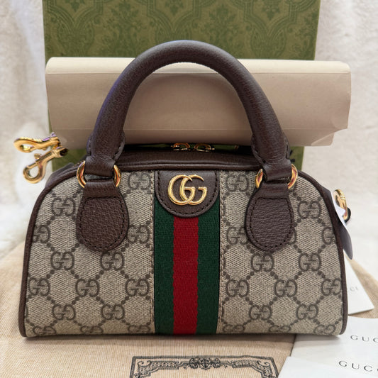 Gucci Beige/Dark Brown GG Monogram Mini Ophidia Top Handle/Bowler Bag (New)