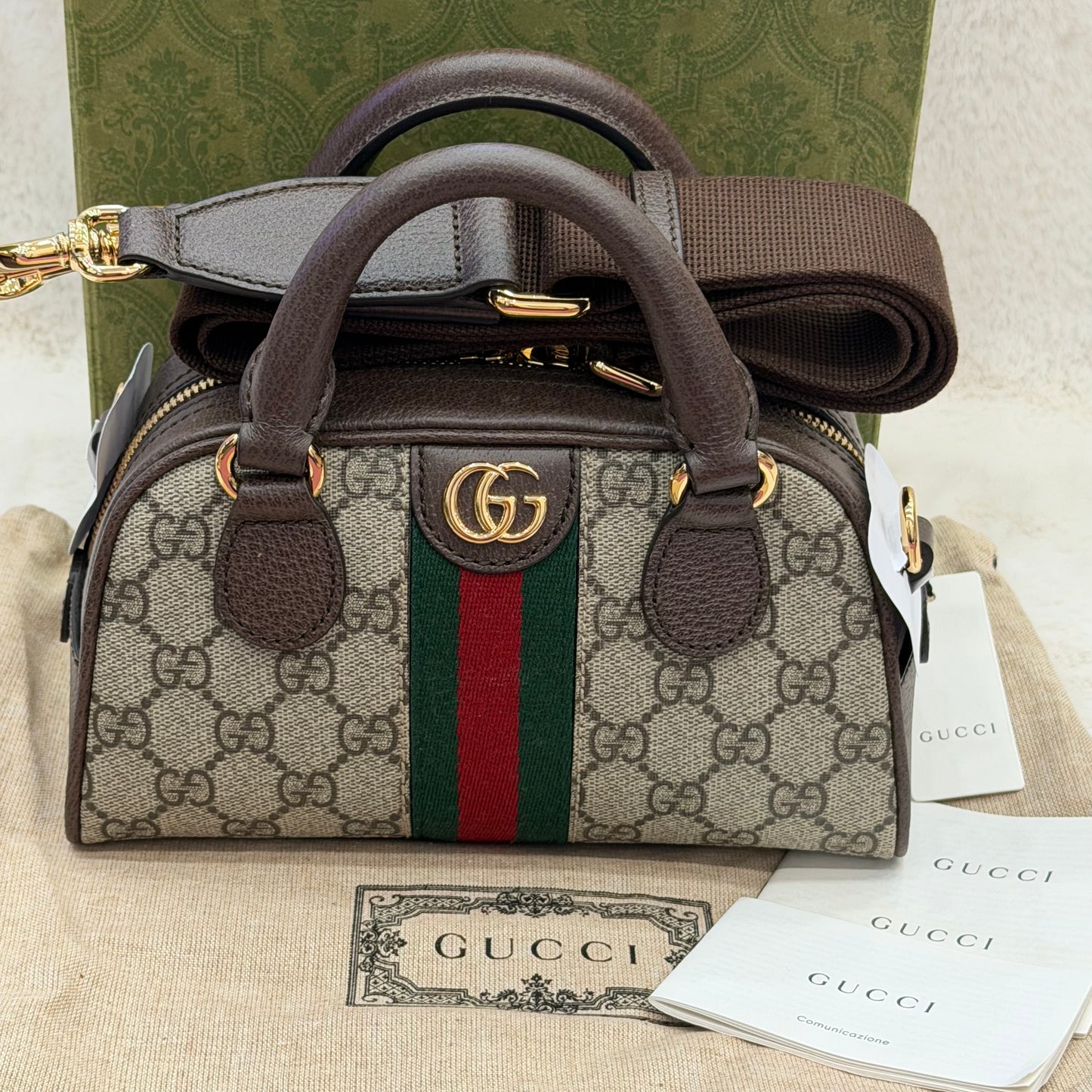 Gucci Beige/Dark Brown GG Monogram Mini Ophidia Top Handle/Bowler Bag (New)