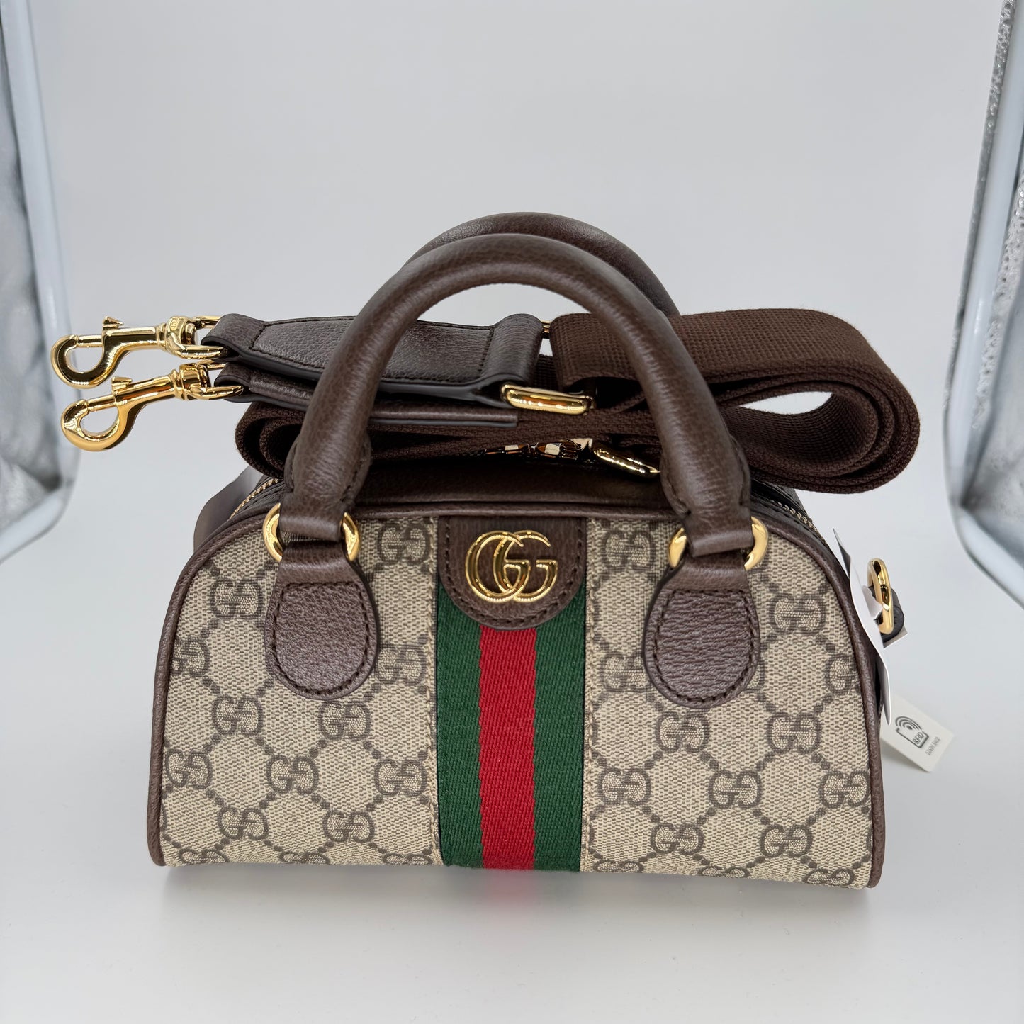 Gucci Beige/Dark Brown GG Monogram Mini Ophidia Top Handle/Bowler Bag (New)