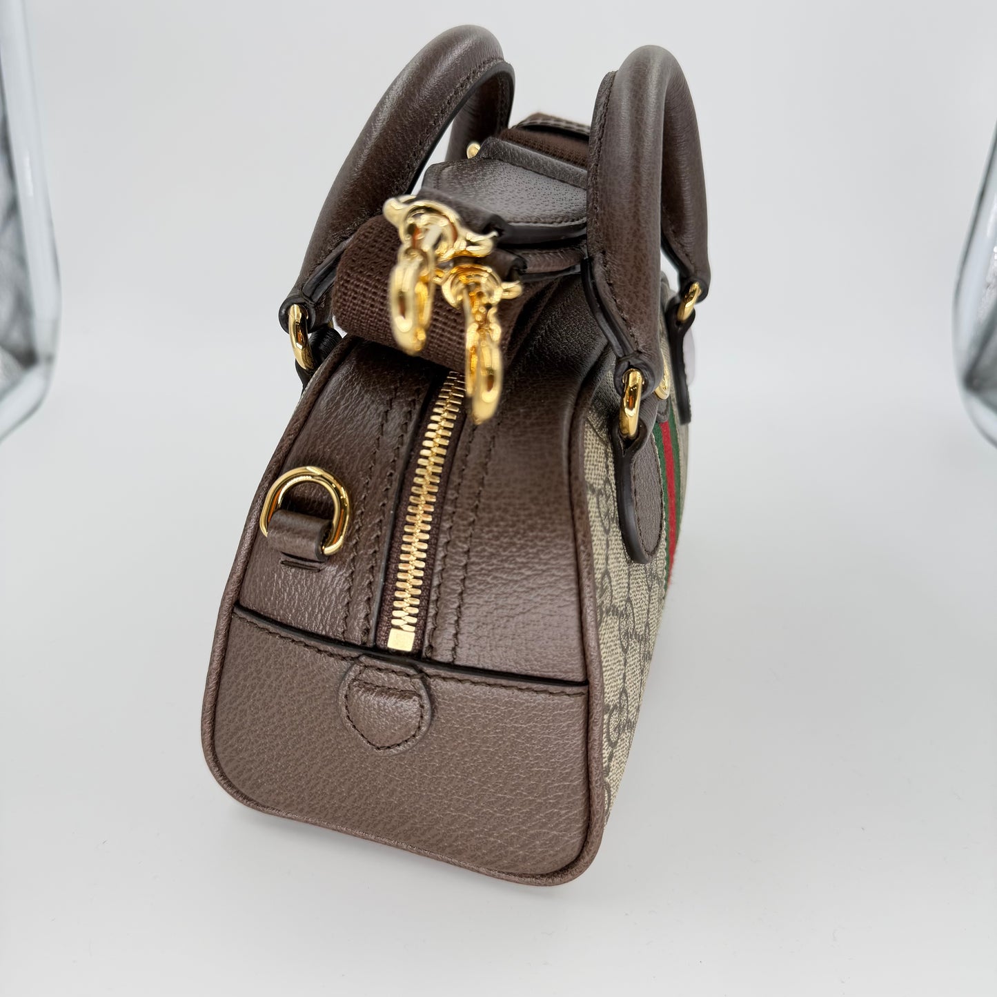 Gucci Beige/Dark Brown GG Monogram Mini Ophidia Top Handle/Bowler Bag (New)
