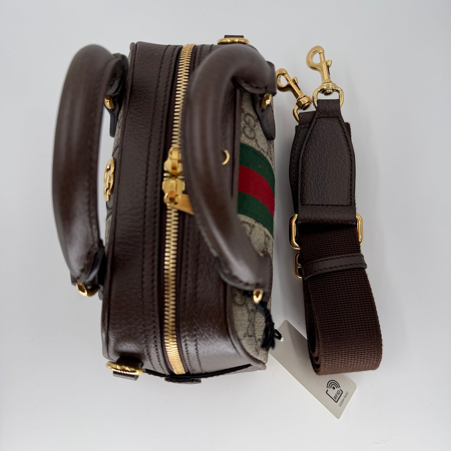 Gucci Beige/Dark Brown GG Monogram Mini Ophidia Top Handle/Bowler Bag (New)