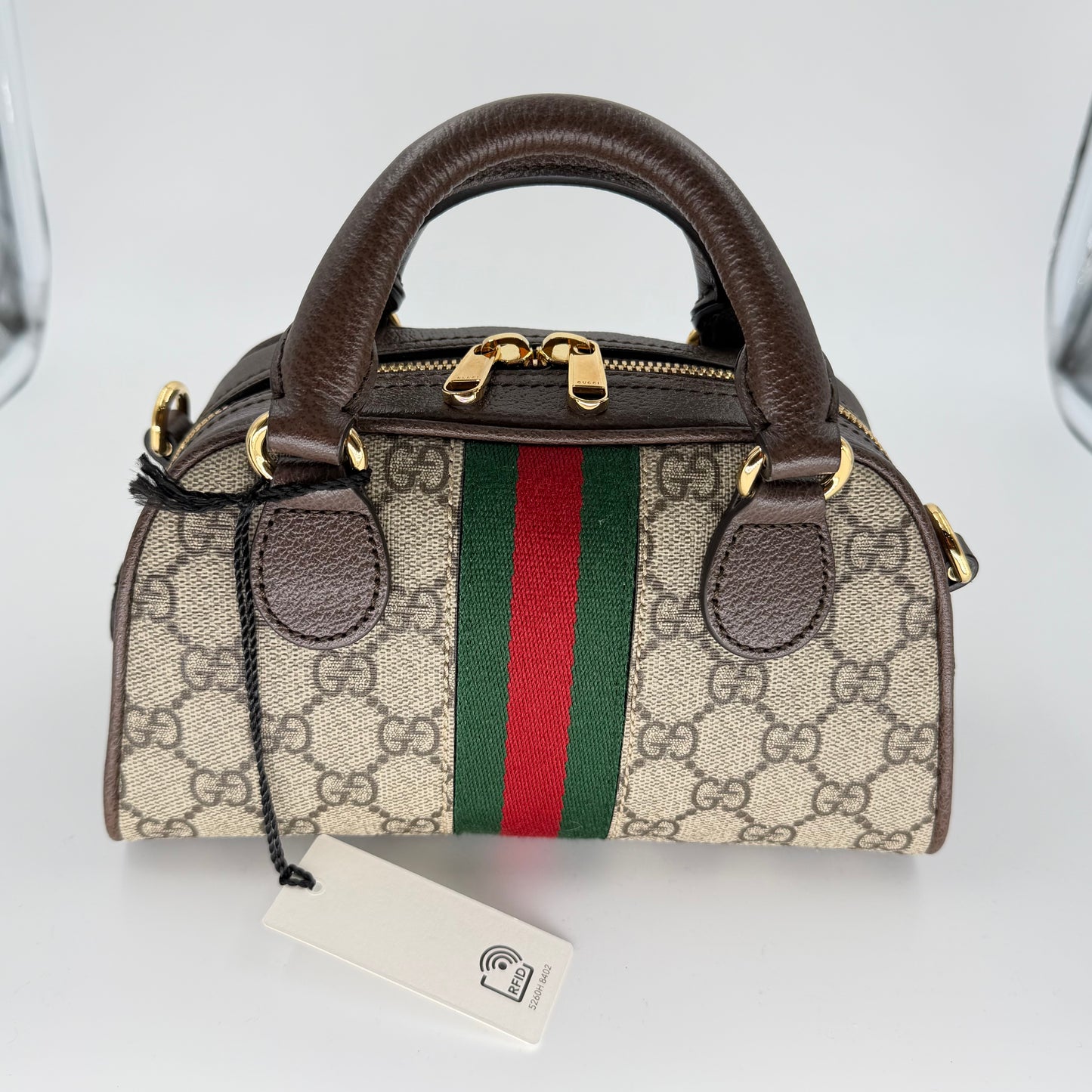 Gucci Beige/Dark Brown GG Monogram Mini Ophidia Top Handle/Bowler Bag (New)