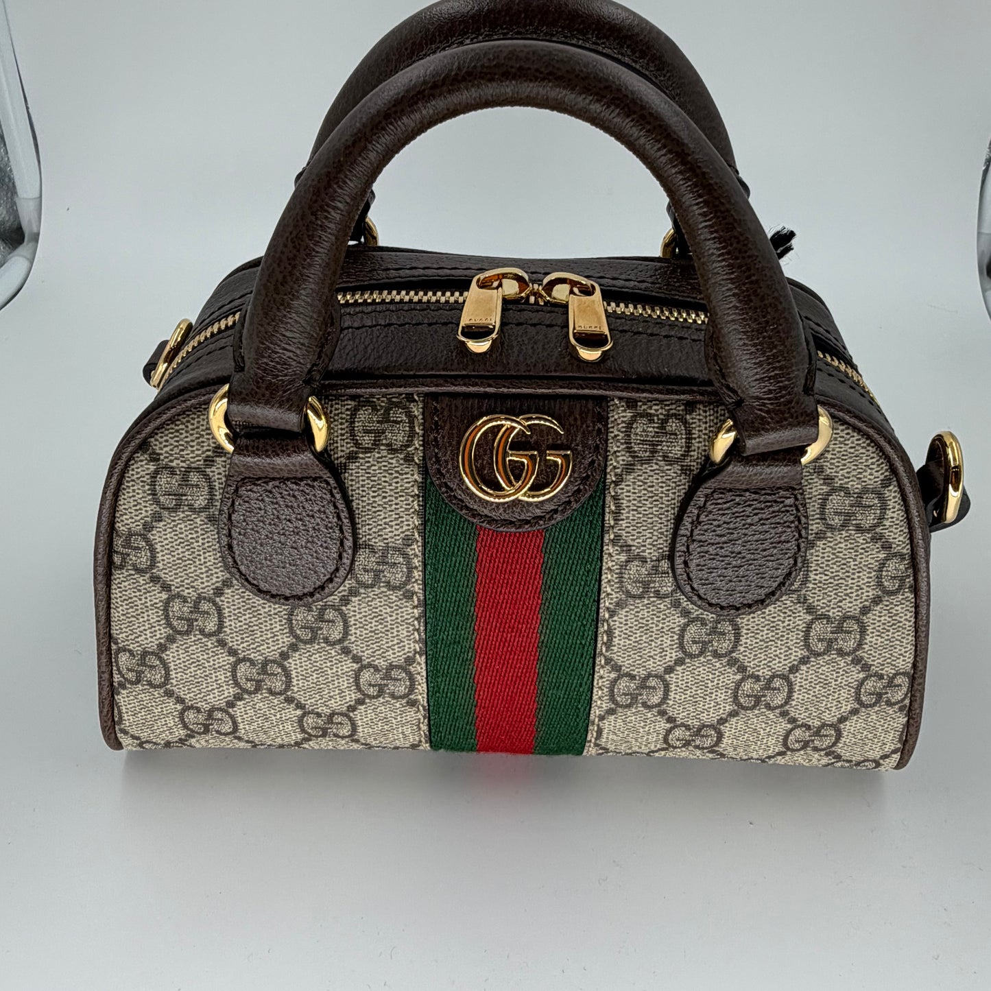 Gucci Beige/Dark Brown GG Monogram Mini Ophidia Top Handle/Bowler Bag (New)