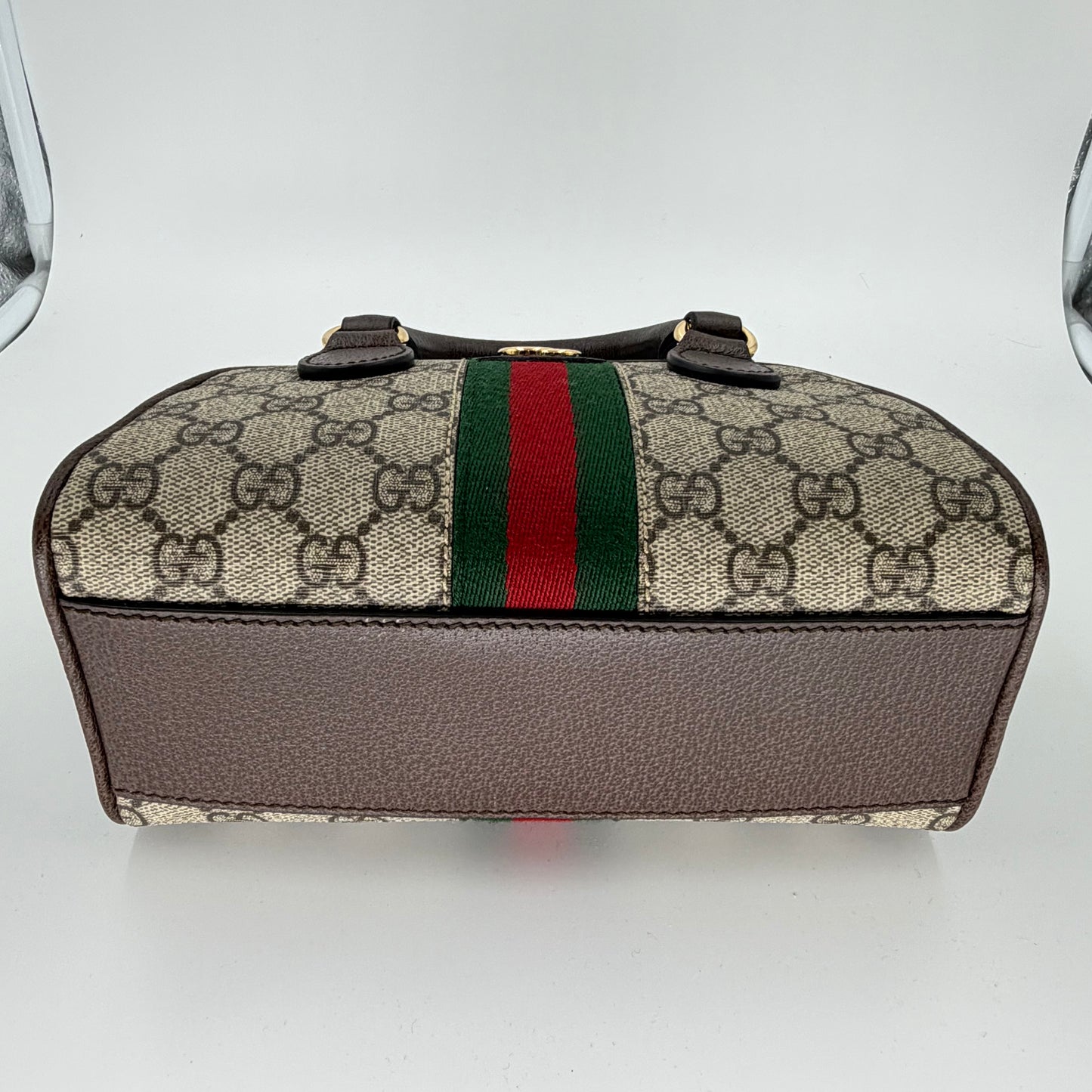 Gucci Beige/Dark Brown GG Monogram Mini Ophidia Top Handle/Bowler Bag (New)