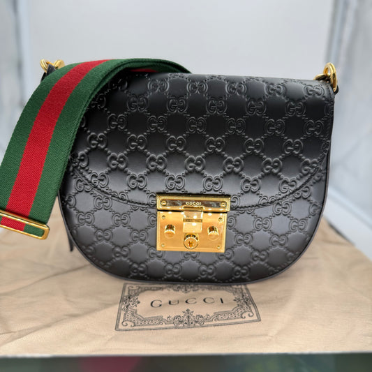 Gucci Black Guccissima Padlock Messenger Crossbody/Shoulder Bag (NEW)