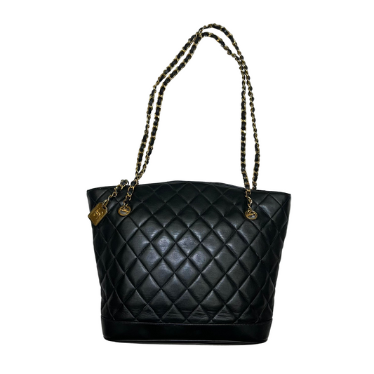 CHANEL Black lambskin Quilted Medium Matelassé Chain Tote/Shoulder Bag