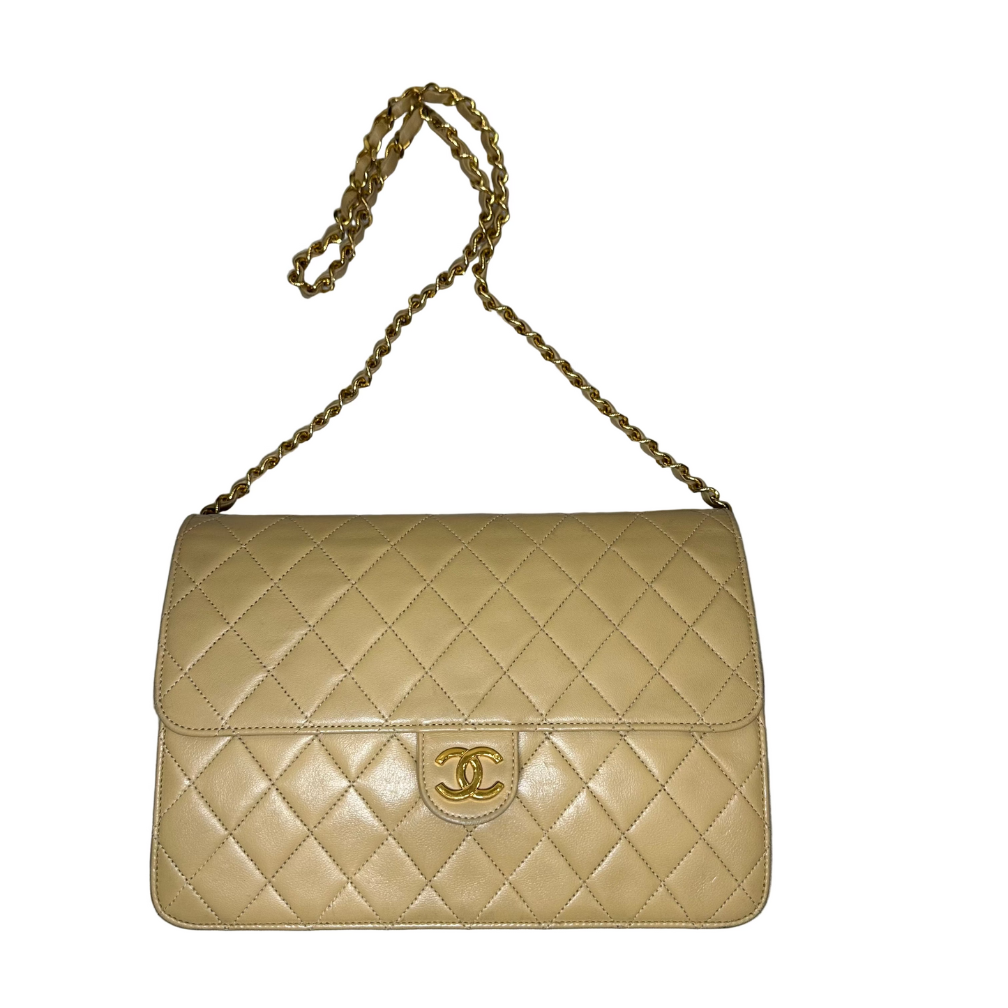 CHANEL Tan Quilted Single Flap Shoulder Bag